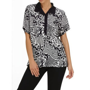 Cato Woman Polo Shirt Womens Size 3X Black White Abstract Pattern Art Deco